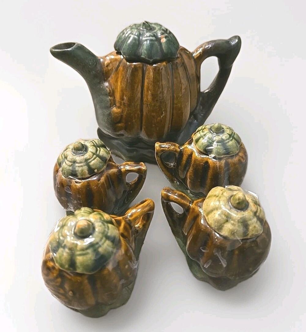 Vintage Japanese Export Pumpkin Chocolate Pot Set 5 Pc Covered Cups Mid Century